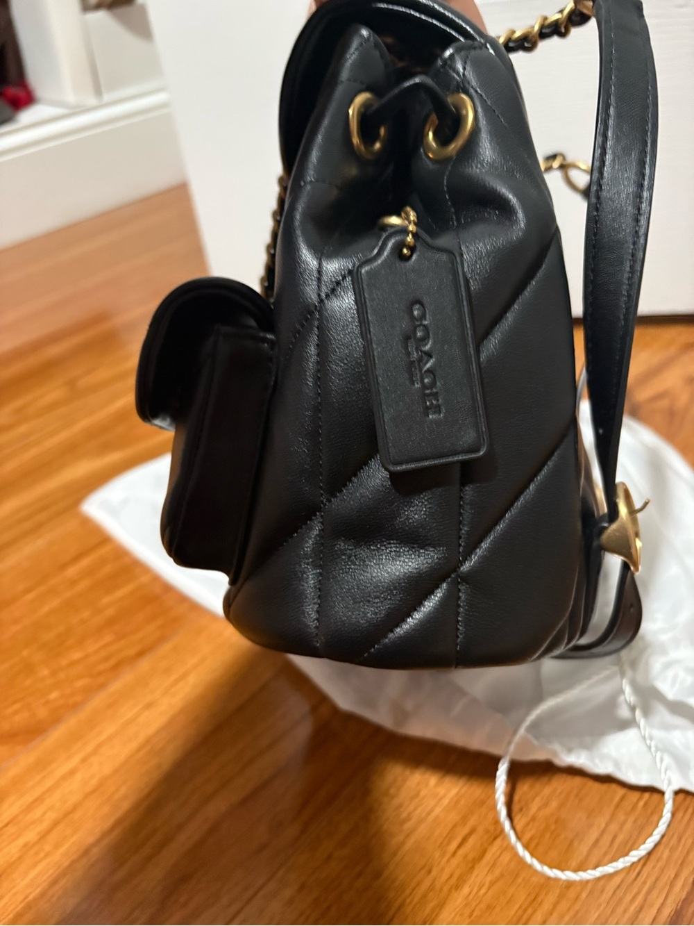 Coach Quilted Black Leather Backpack with Gold Chain Strap - Picture 4 of 6